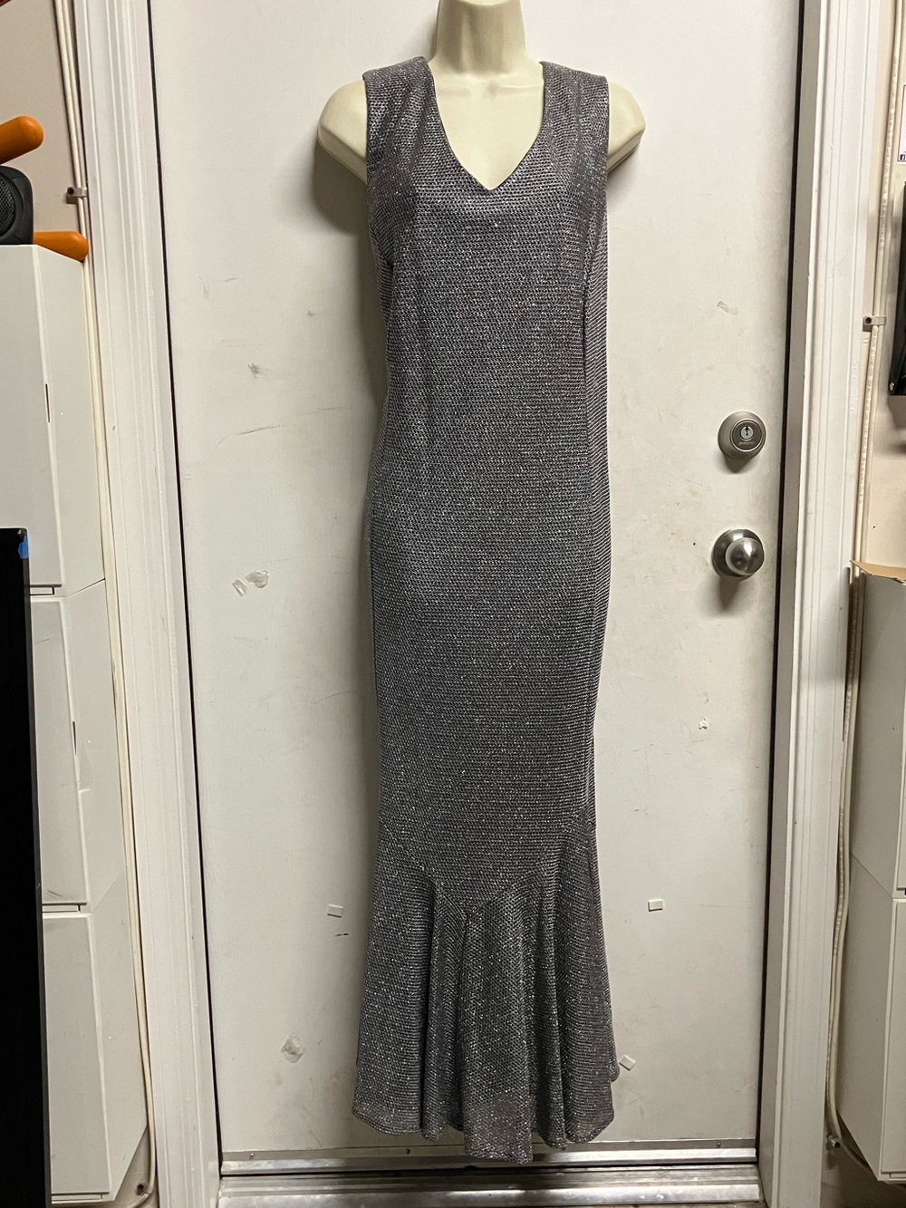 S.L. Fashions Silver-Gray Sleeveless V-Neck Glitter Mermaid Maxi Dress